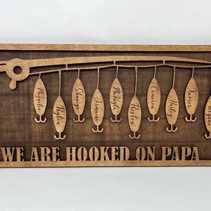 Fishing Hooked On Papa, Personalized Layered Wood Sign Stand, Gifts for Fishing Dads, Grandpas - Wood Sign - GoDuckee