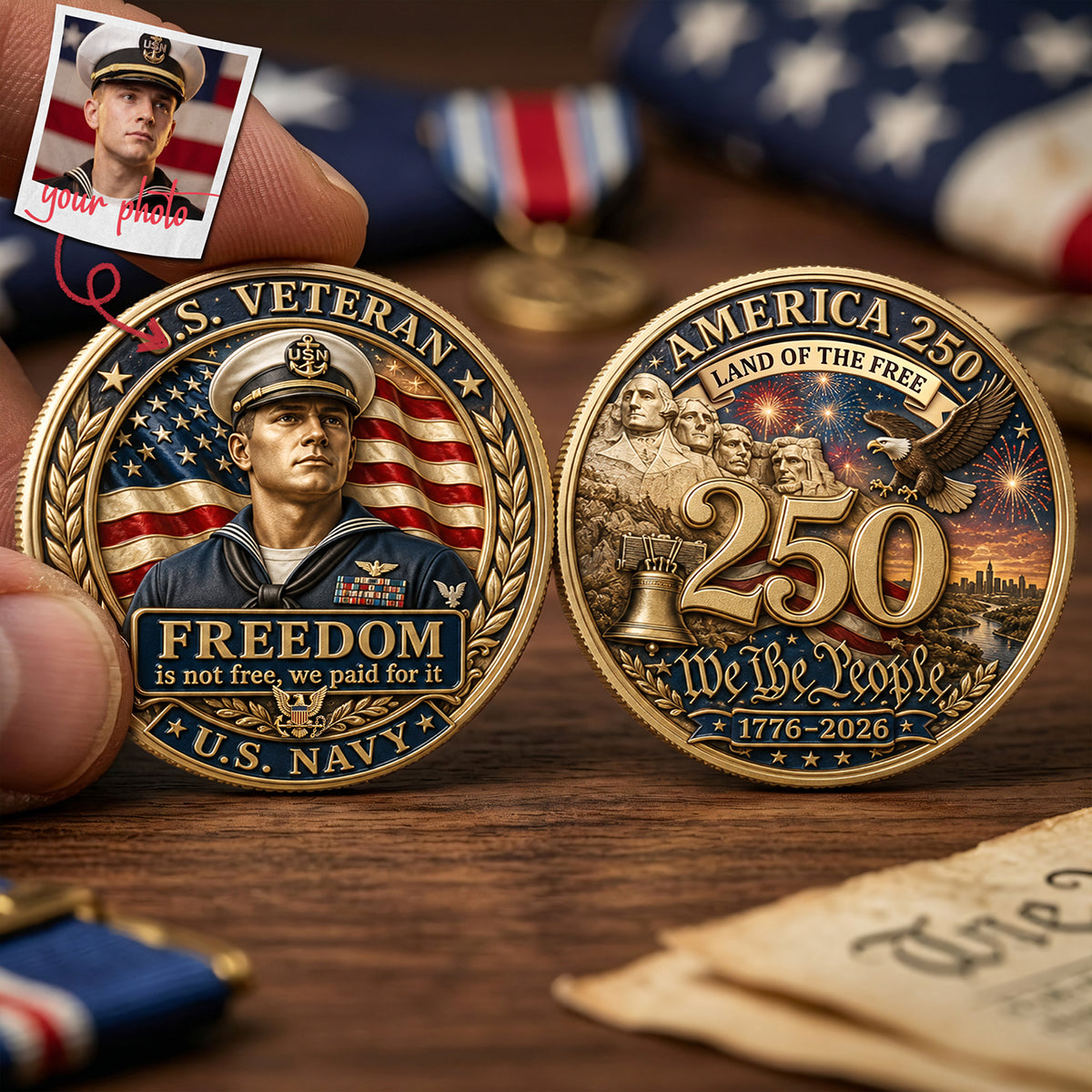 Custom Photo Veteran USA 250th Anniversary Metal Coin - Personalized Gifts For Veterans 03pata060626-Homacus