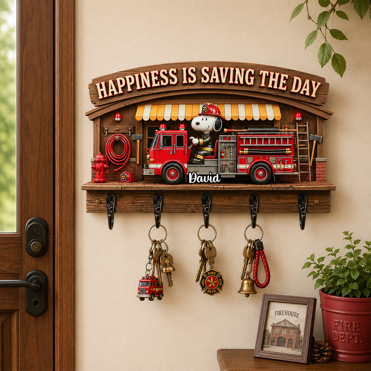Happiness Is Saving The Day Acrylic Key Hanger - Personalized Gifts For Firefighter 02todh240726