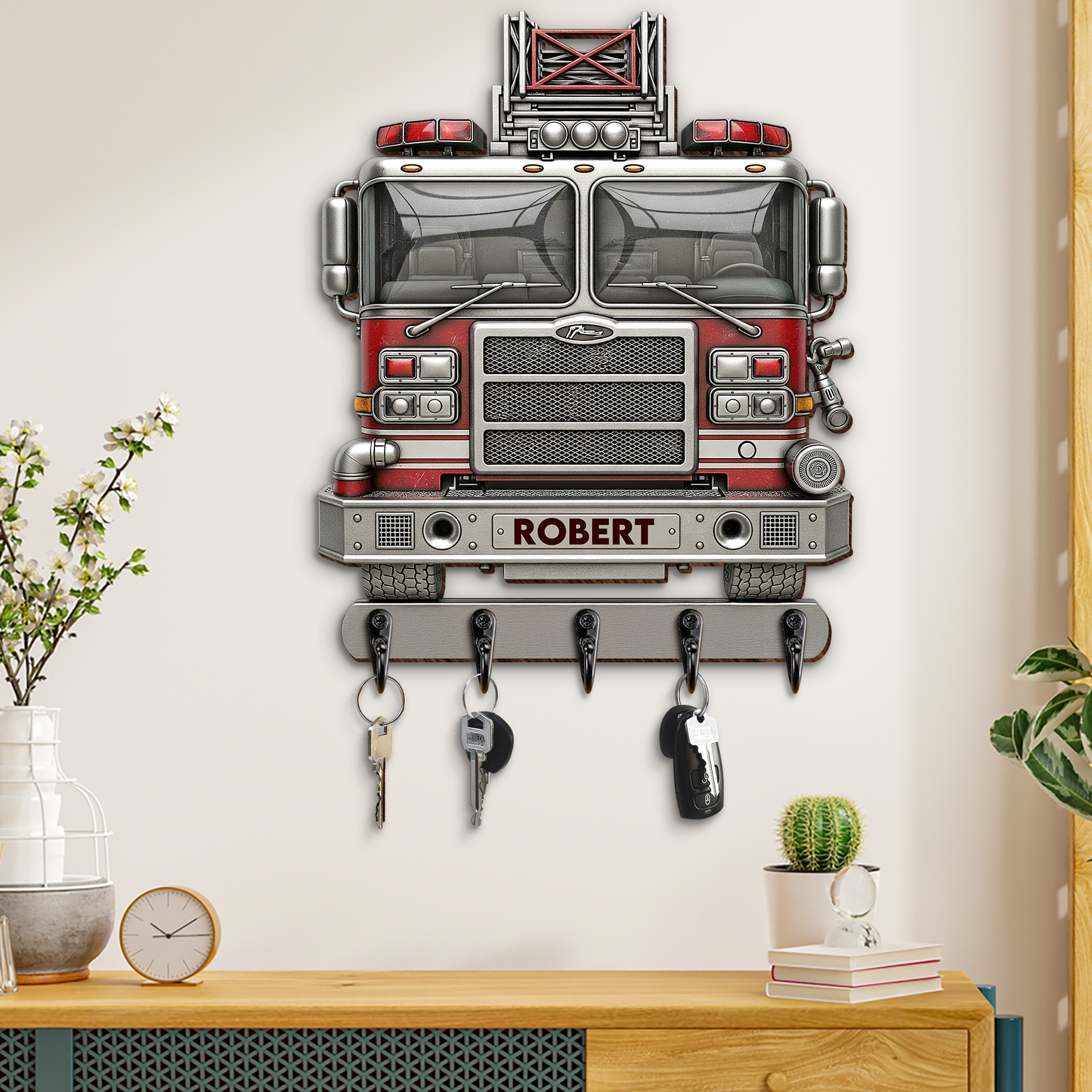 Rustic Firetruck Acrylic Key Hanger- Personalized Gift For Firefighter 04NAPU090725tt-Homacus