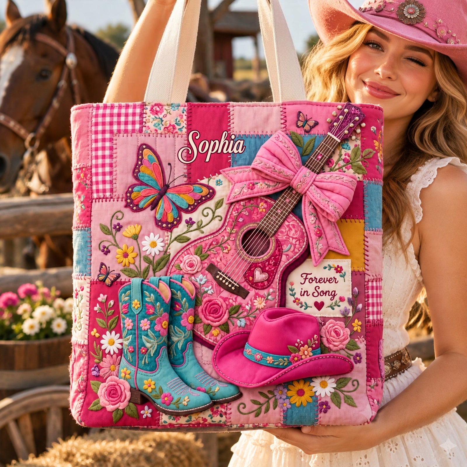 Dolly Parton Forever In Song Pink Patchwork Tote Bag - Personalized Gifts 02palu031026