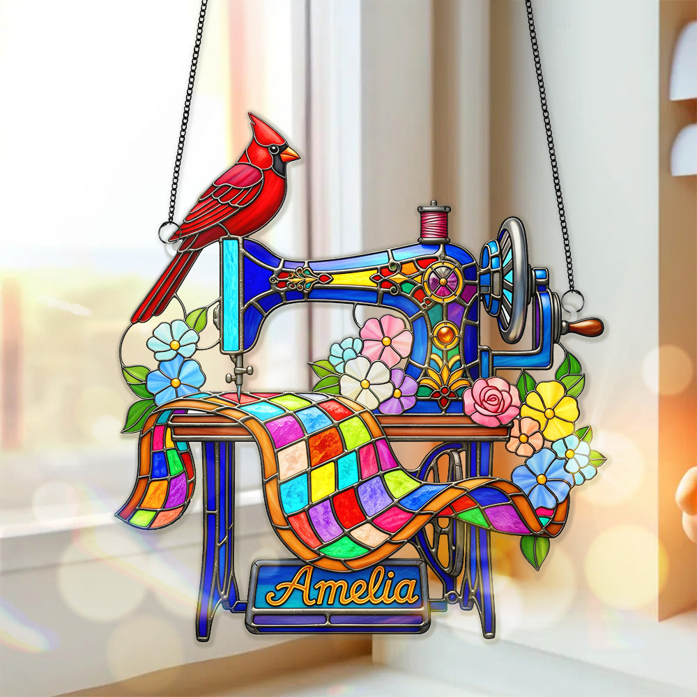 Sewing Machine - Personalized Gifts For Heaven Memorial - Cardinal Christmas Suncatcher Ornament-Homacus