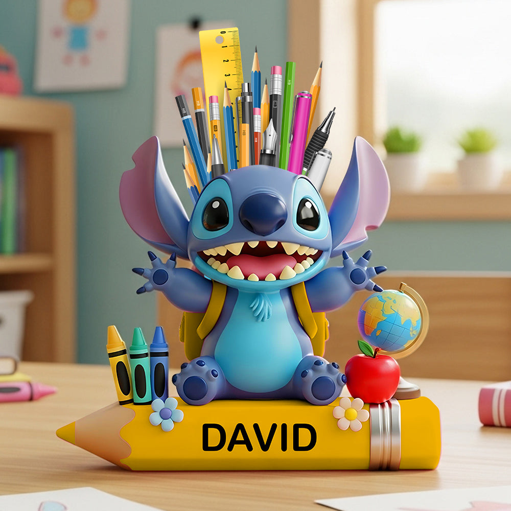 Blue Cartoon Alien Wooden Pen Holder - Personalized Gifts For Kids 02totn240725 - Pen Holder - GoDuckee