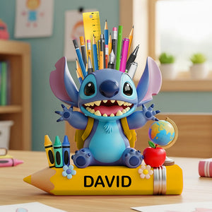 Blue Cartoon Alien Wooden Pen Holder - Personalized Gifts For Kids 02totn240725 - Pen Holder - GoDuckee