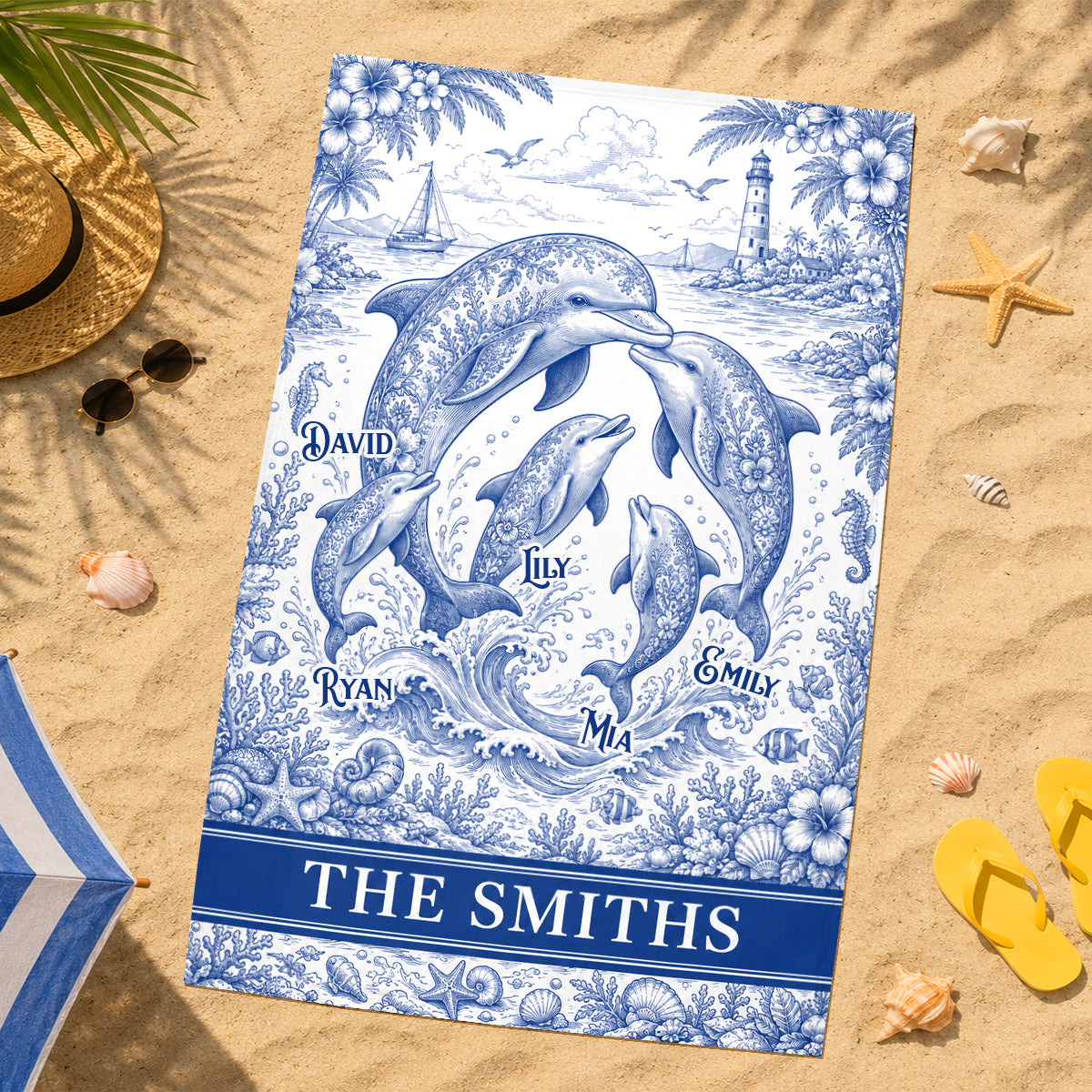 Symphonic Dolphin Family Toile De Jouy Beach Towel, Personalized Gifts For Families 01qhdh210726