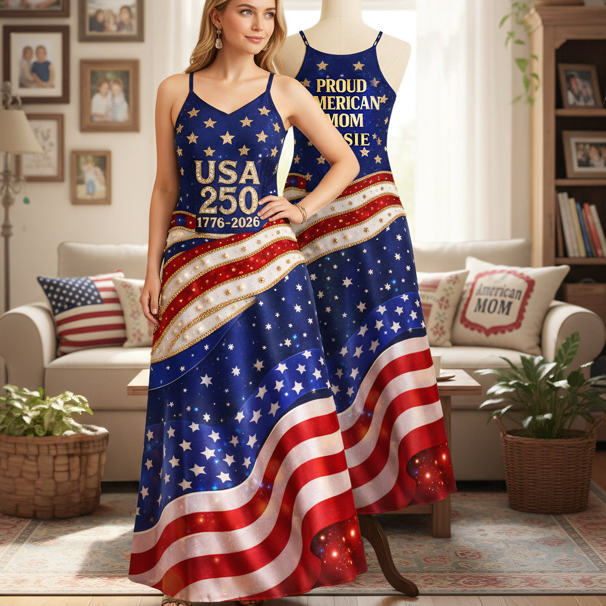 Pround American Mom - Celebrated America 250th Anniversary Suspender Maxi Dress - Personalized Gifts For Moms 04tota230326 - Dress - GoDuckee