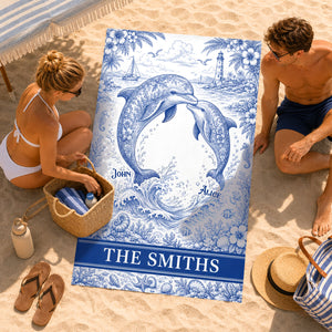 Symphonic Dolphin Family Toile De Jouy Beach Towel, Personalized Gifts For Families 01qhdh210726