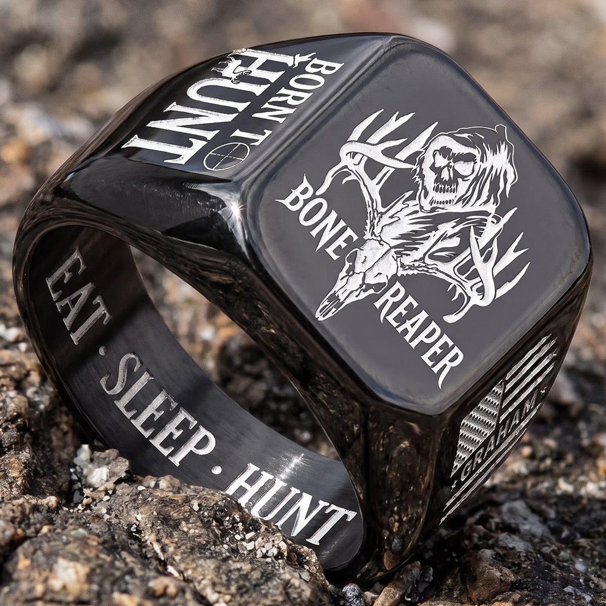 Born To Hunt Skull Engraved Men's Ring - Personalized Gifts For Hunting Lovers 02huta080926