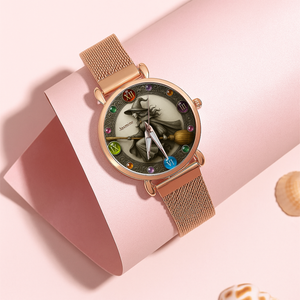 Mystical Witch On Broom Mesh Straps Watch - Personalized Gifts For Witch Lovers 04PGLU190725