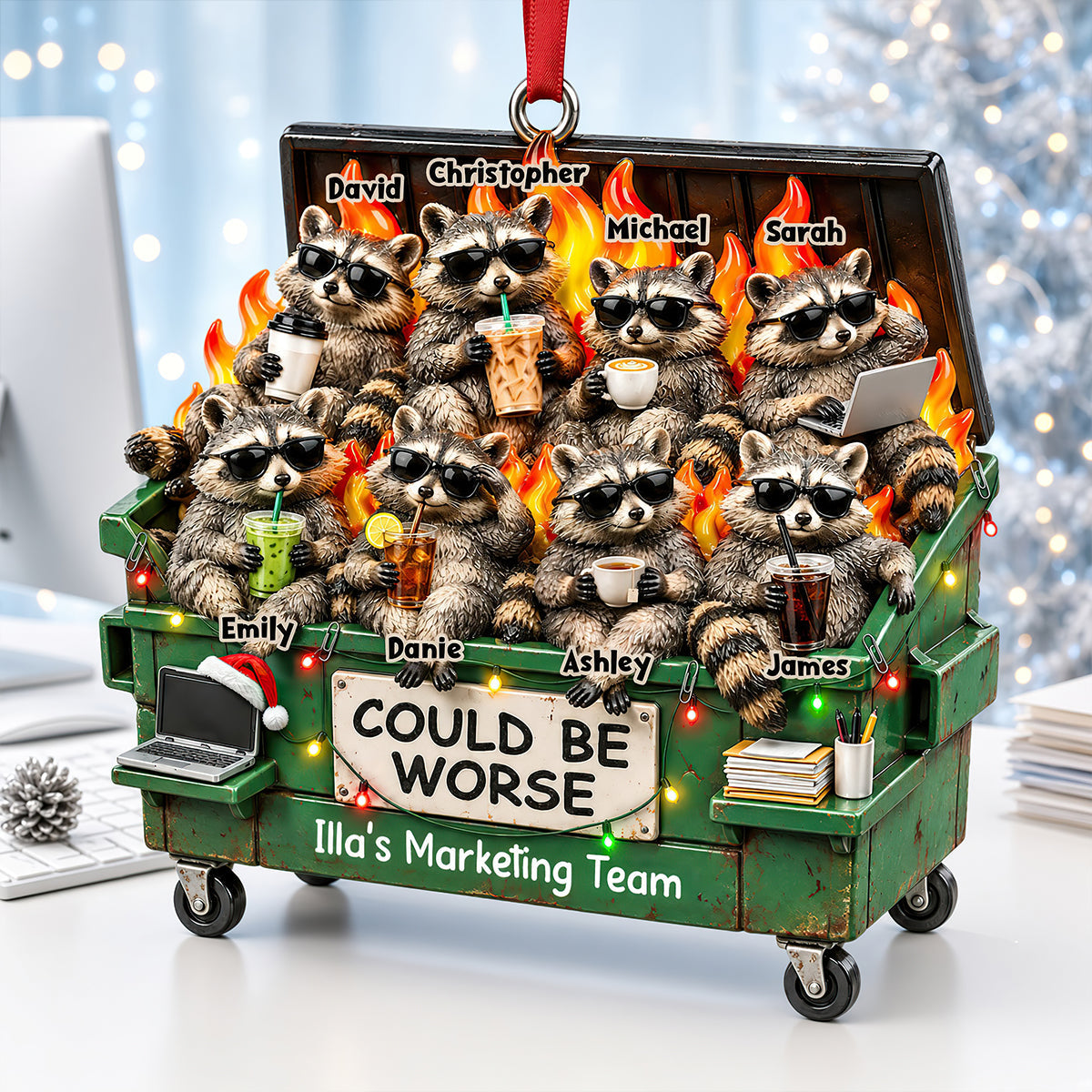 Raccoon Dumpster Fire Nonchalant Ornament - Personalized Gifts For Coworkers 02qhdt201026
